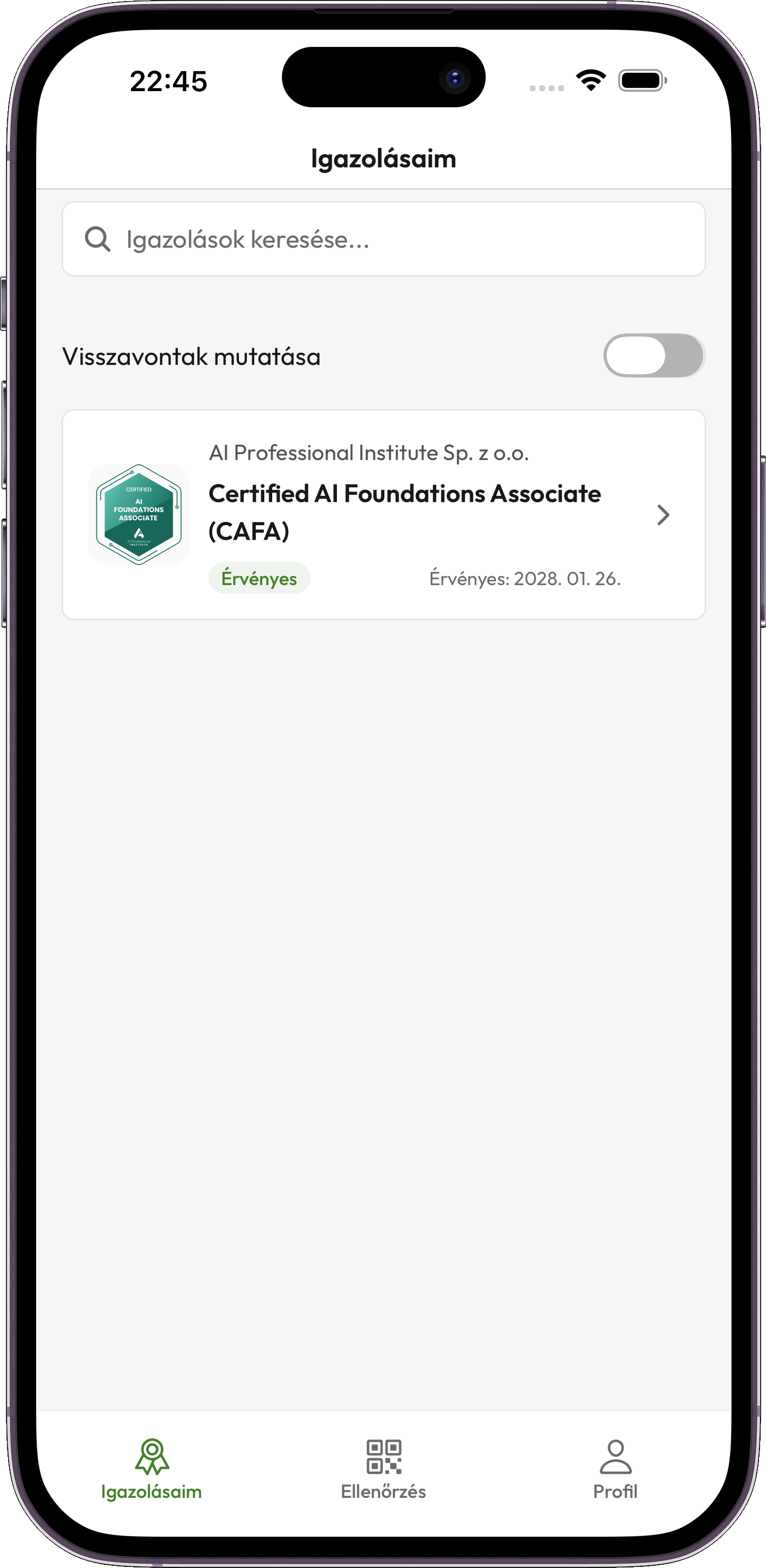 Credentium Wallet — Lista poświadczeń