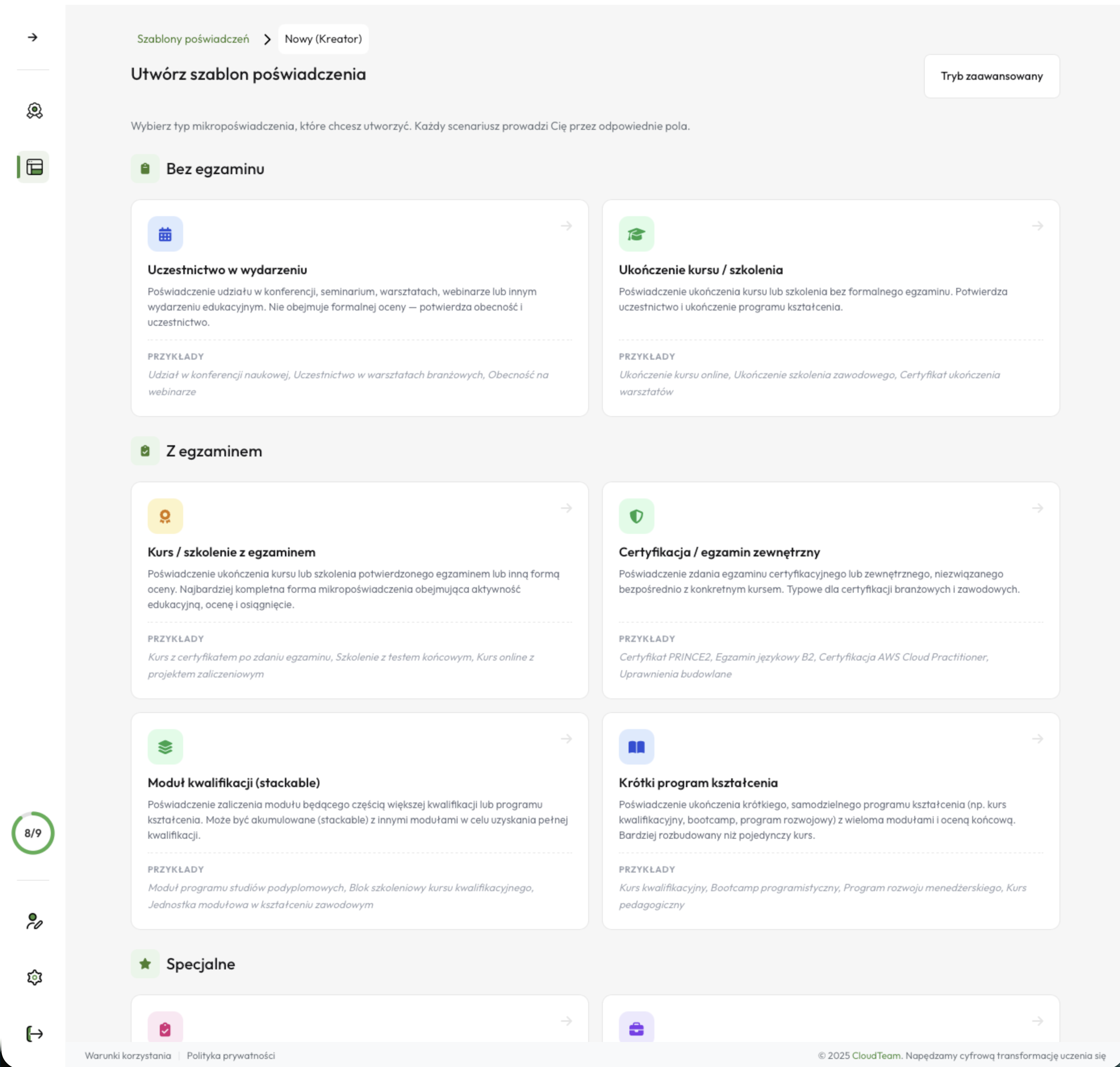 Kreator szablonów — wybór scenariusza poświadczenia