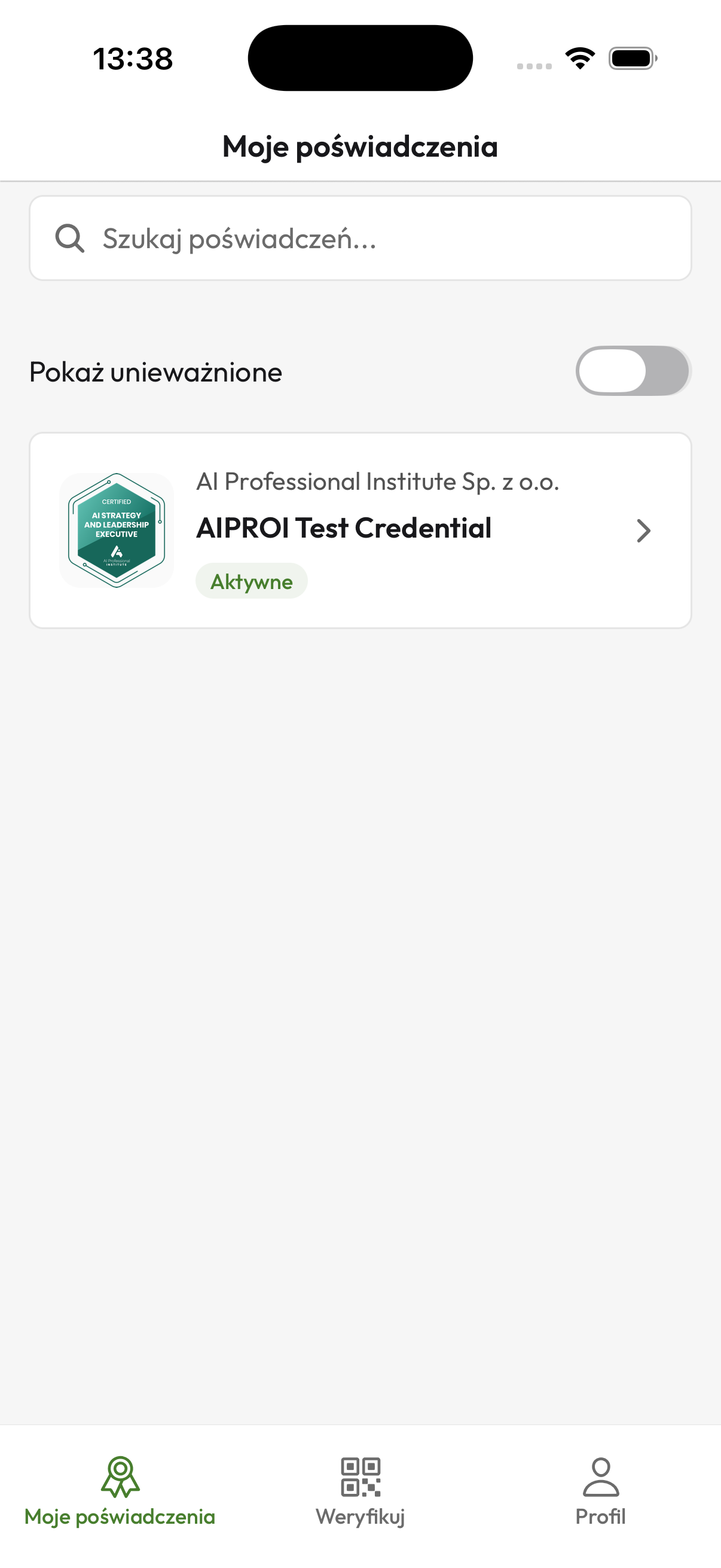 Credentium Wallet — lista poświadczeń