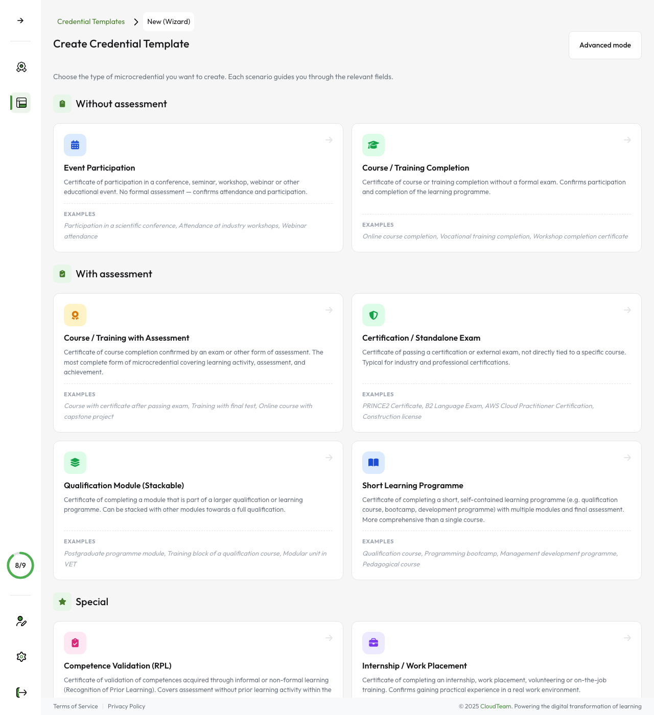 Template builder — credential scenario selection