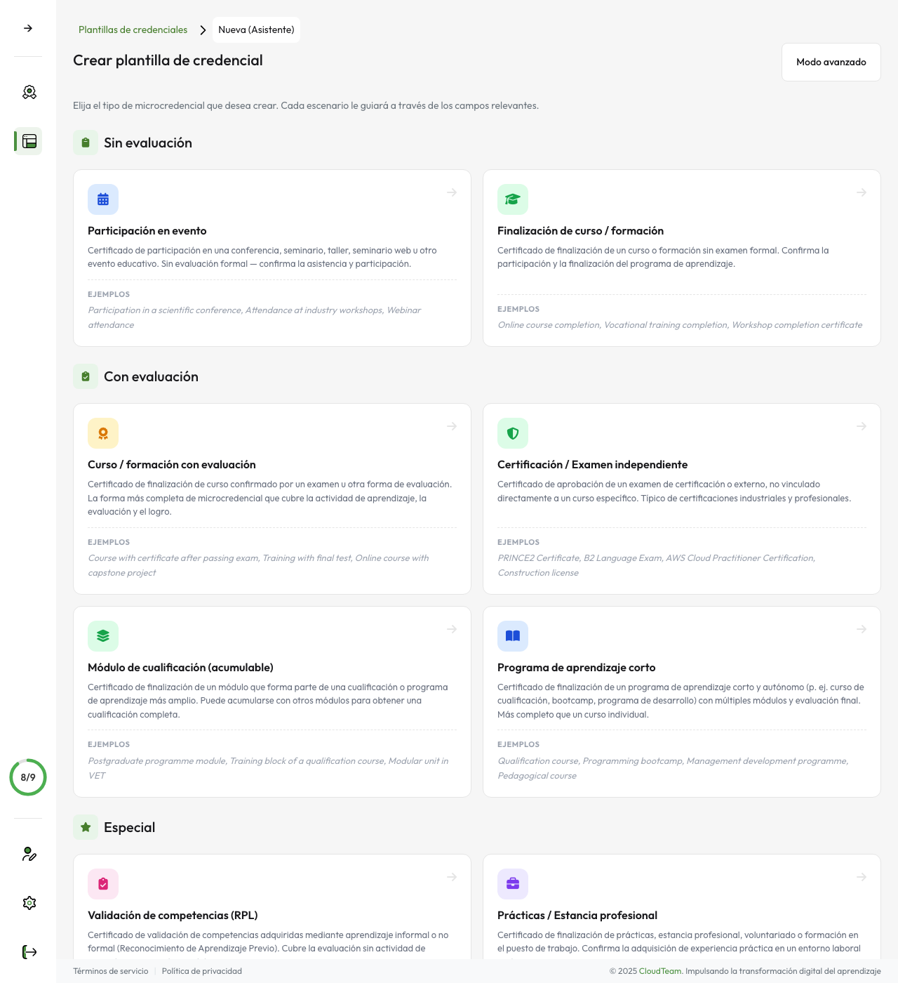 Constructor de plantillas — selección de escenario de credencial