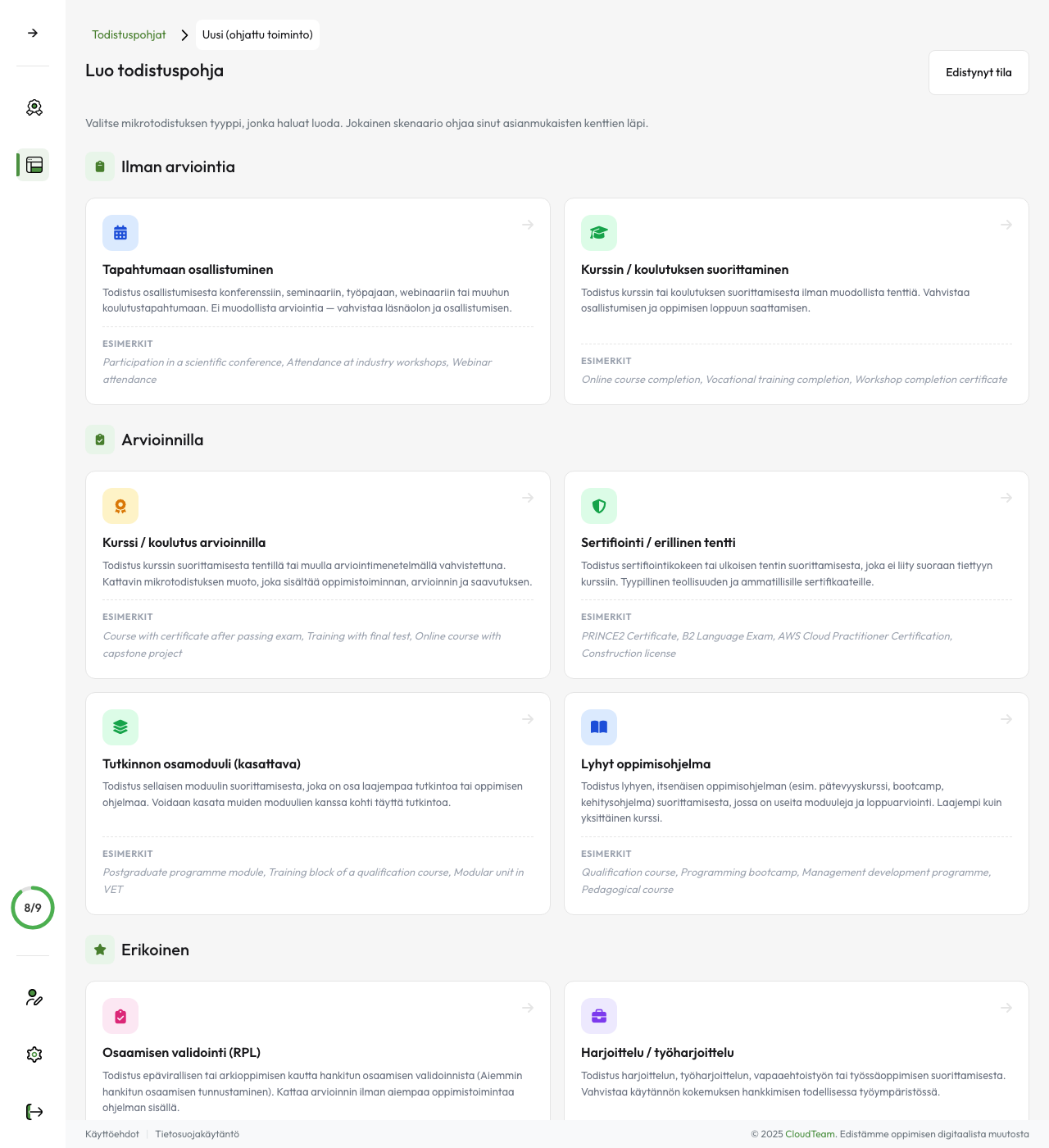 Mallin rakentaja — todistusskenaarion valinta