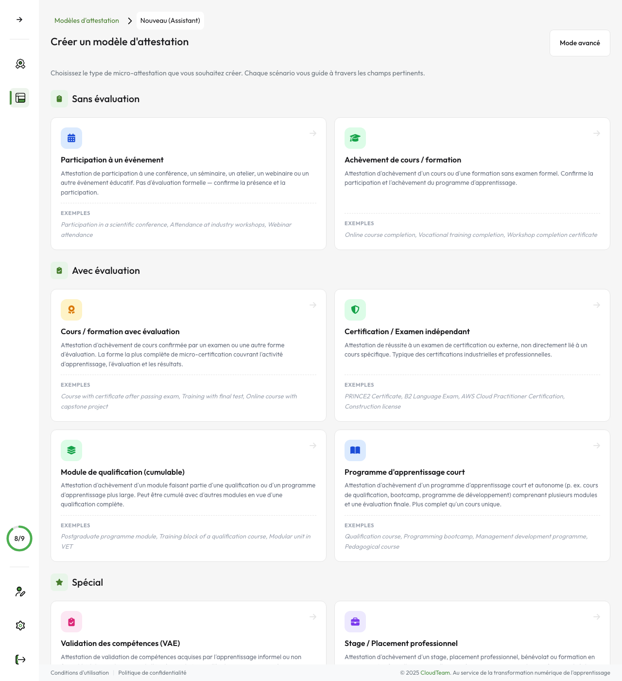 Constructeur de modèles — sélection du scénario de micro-certification