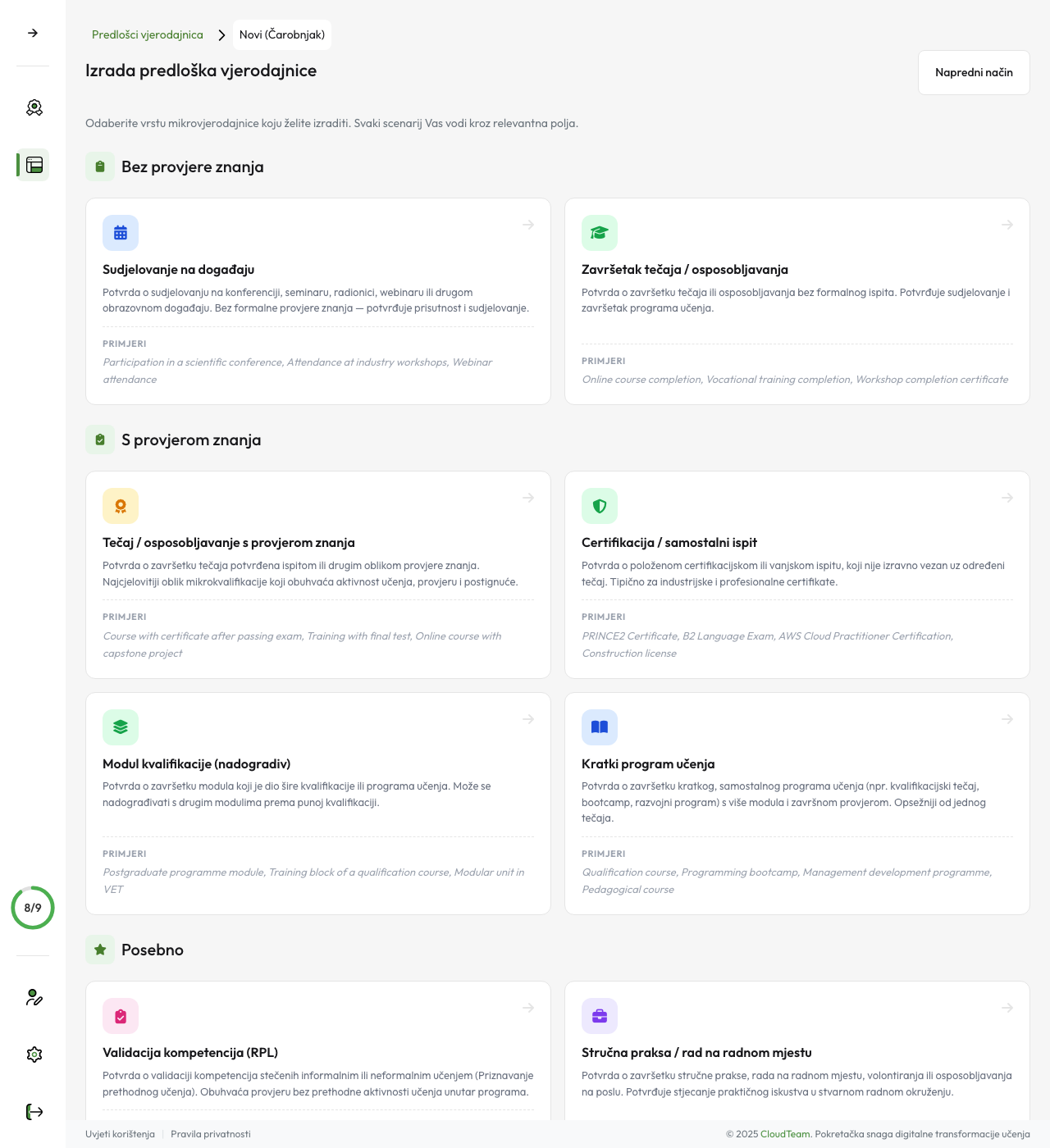Graditelj predložaka — odabir scenarija vjerodajnice