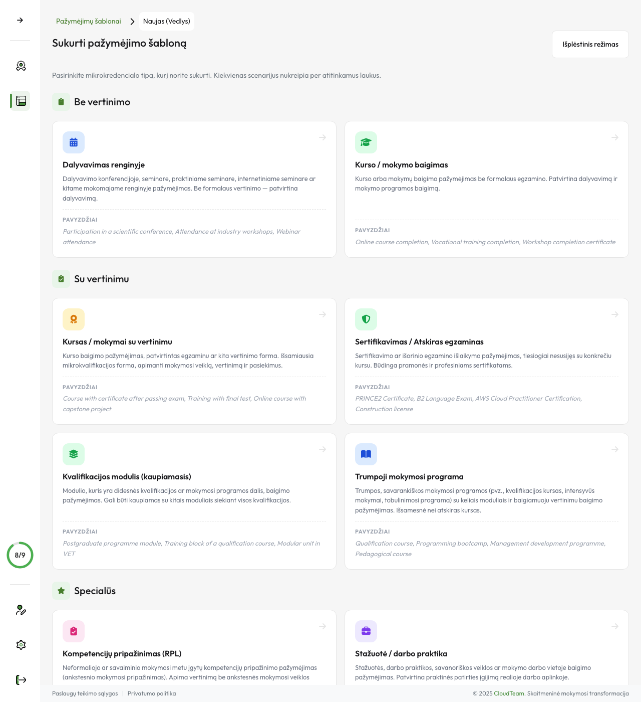 Template builder — credential scenario selection