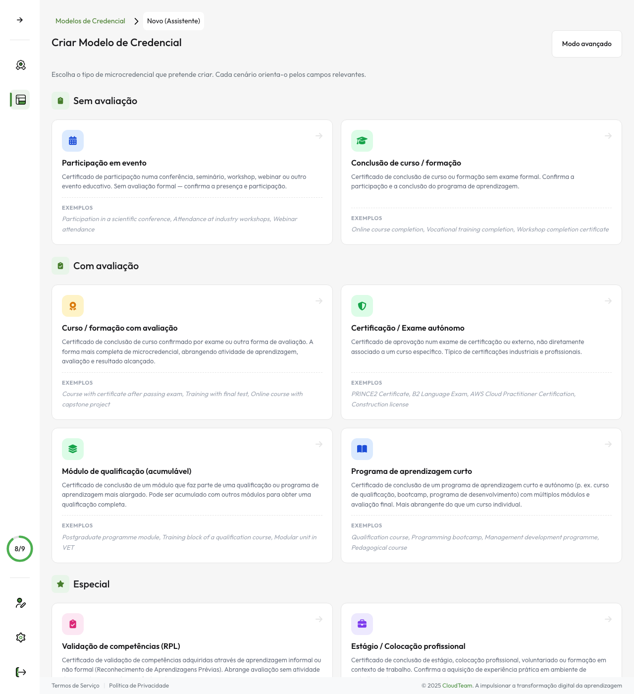 Construtor de modelos — seleção de cenário de credencial
