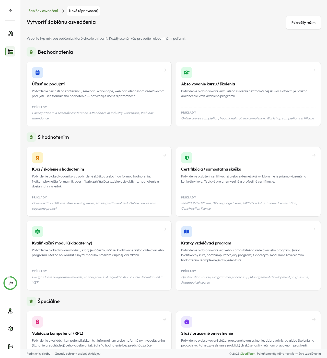 Editor šablón — výber scenára certifikátu