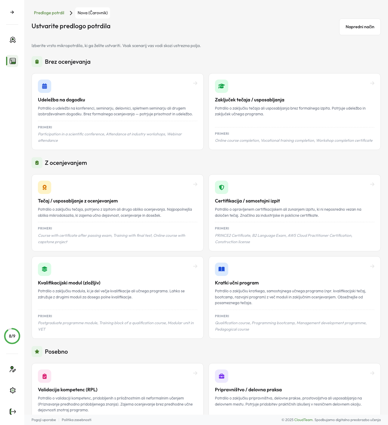 Graditelj predlog — izbira scenarija kvalifikacij